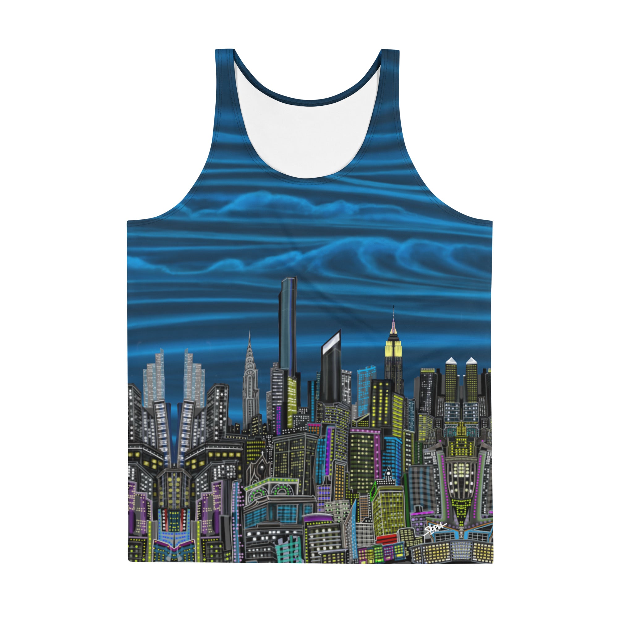 Tank top with a Loria NYC Art cityscape design on a white background
