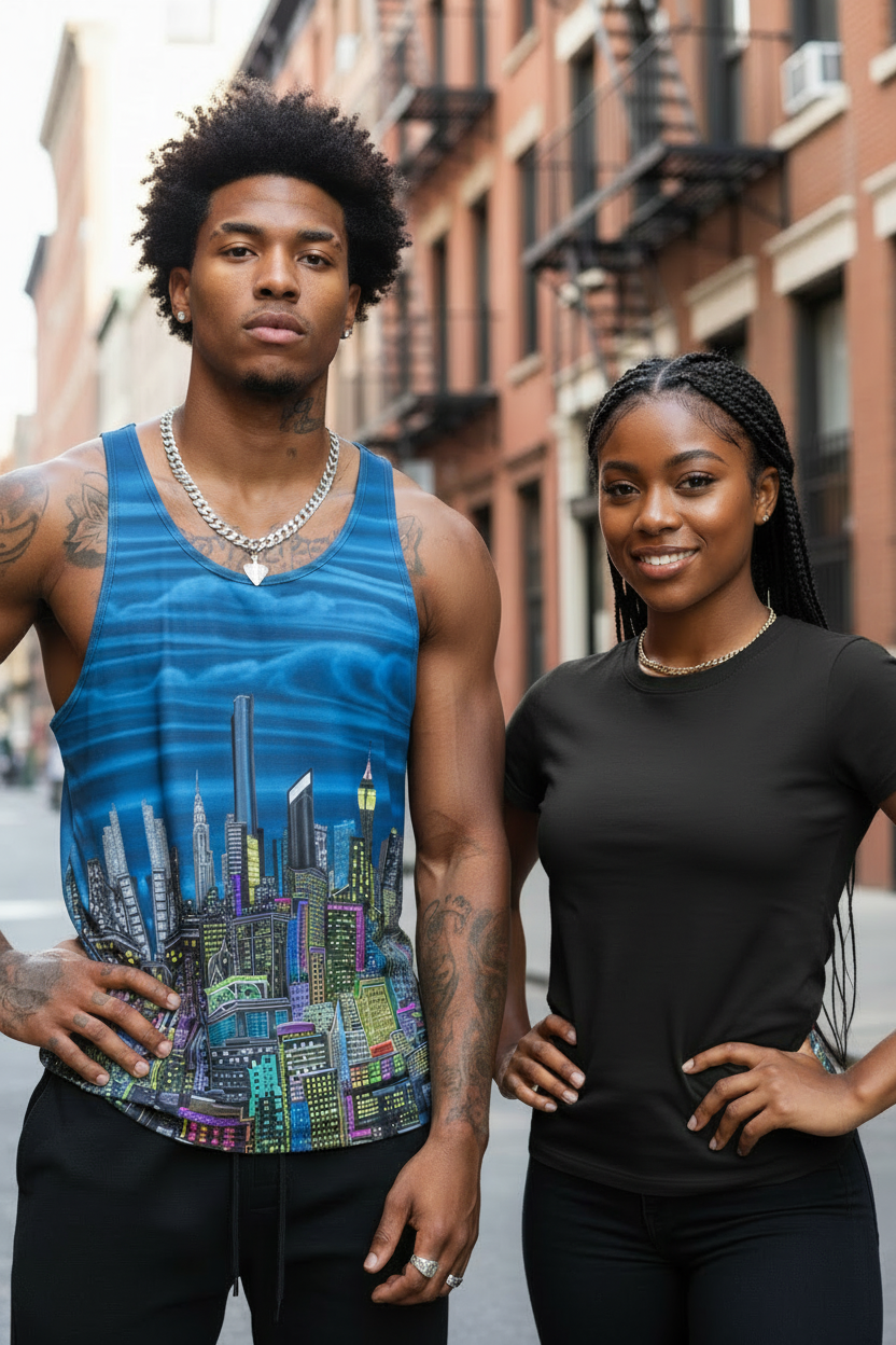 Two people standing on a city street, one wearing a blue Loria NYC Art tank top with a cityscape design and the other in a black outfit.