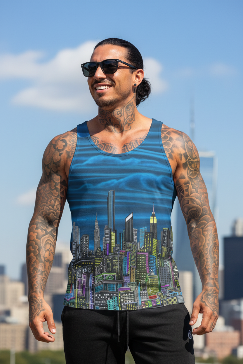 Man wearing a tank top with a cityscape Loria NYC Art design against a skyline background
