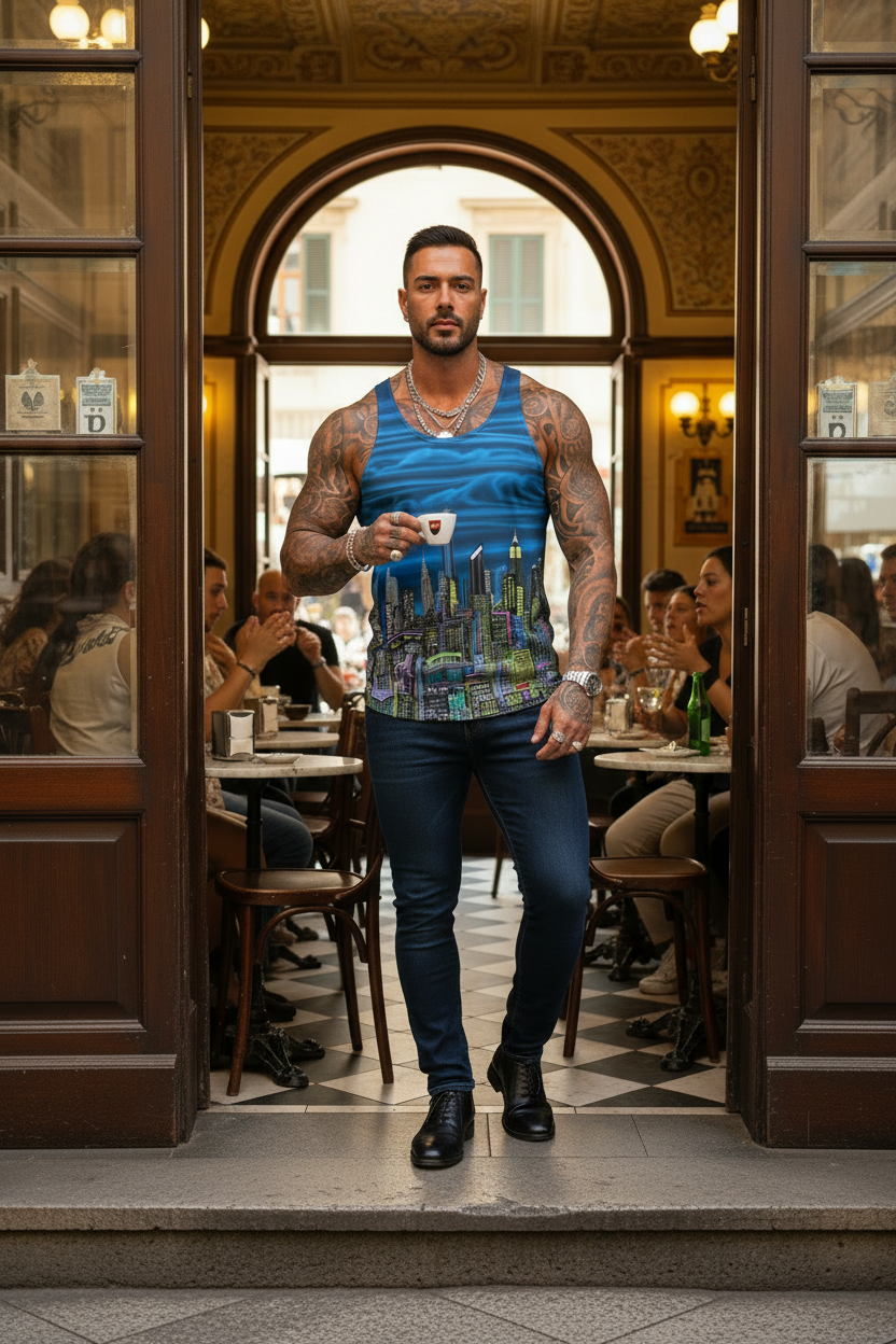 Man in a colorful tank top standing in a restaurant interior