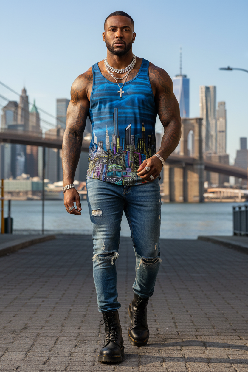 Man wearing a blue Loria NYC Art tank top and jeans with a cityscape background