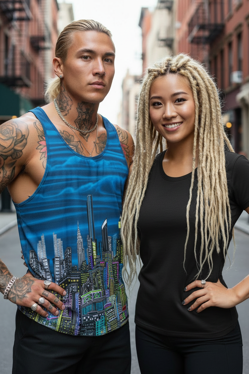 Two people standing on a city street, one wearing a blue Loria NYC Art tank top with a cityscape design and the other in a black outfit.