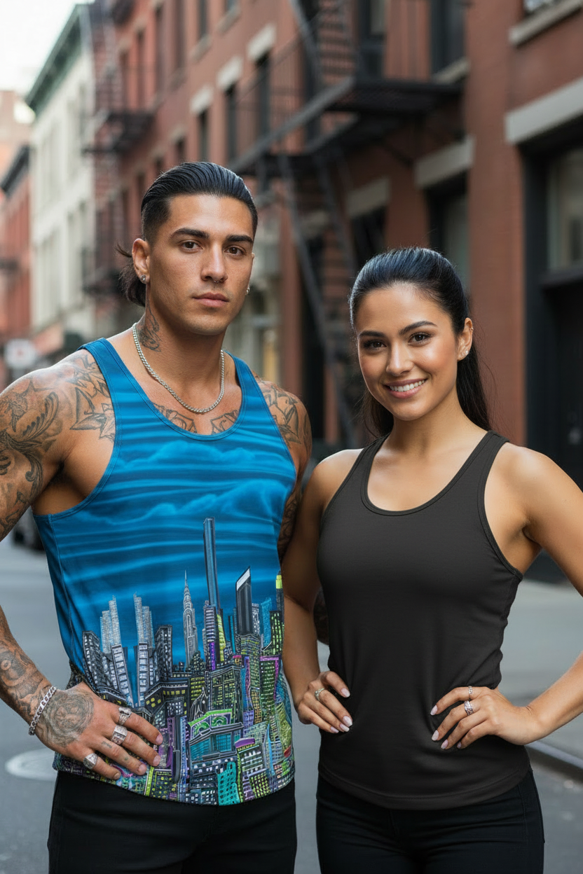 Two people wearing Loria NYC Art athletic wear standing on a city street.
