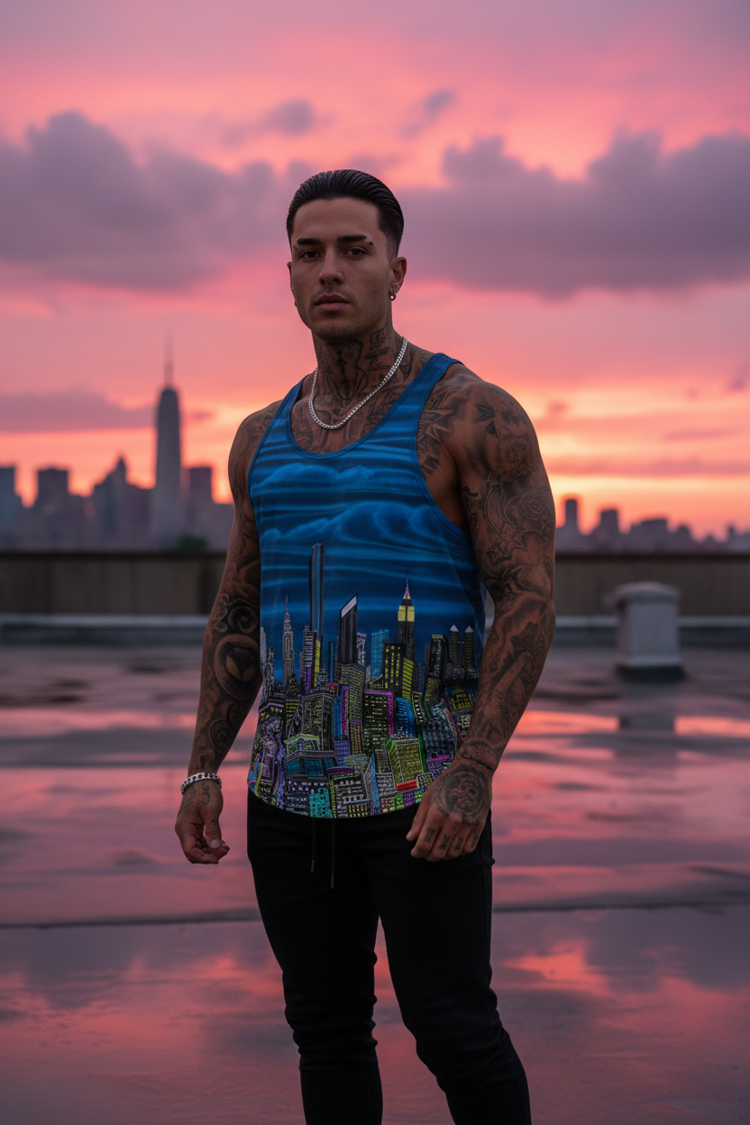 Man wearing a tank top with a Loria NYC Art cityscape design on a rooftop at sunset.