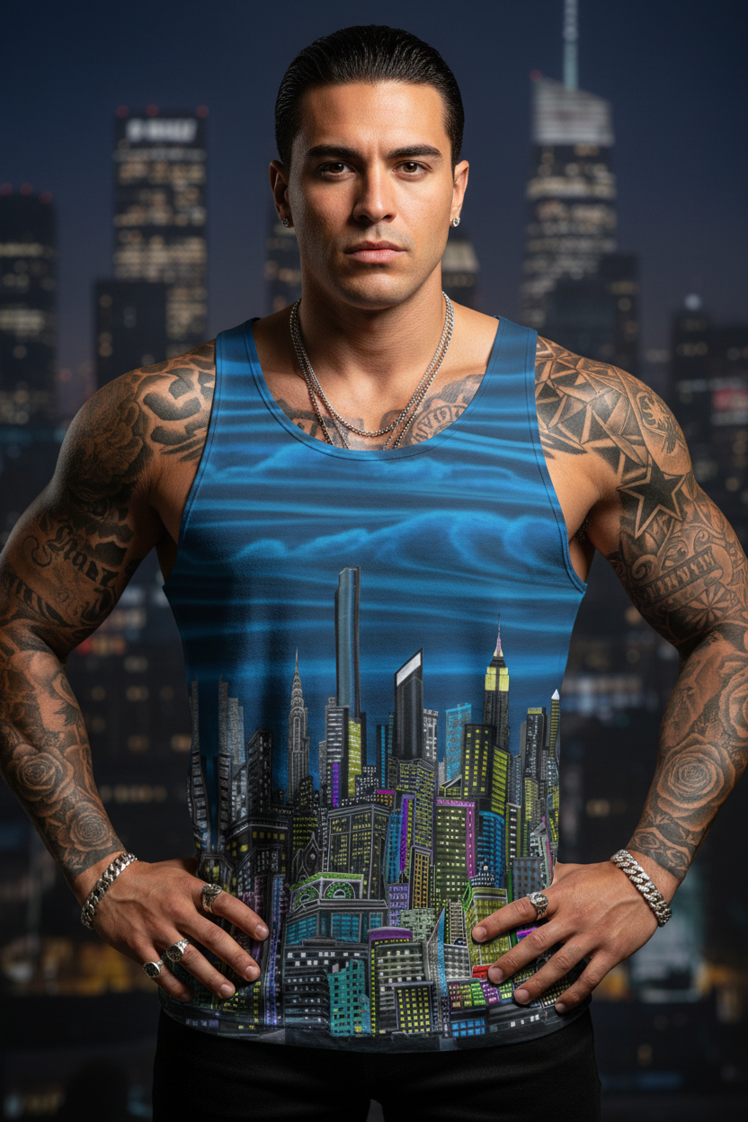 Man wearing a tank top with a Loria NYC Art cityscape design against a blurred city skyline background
