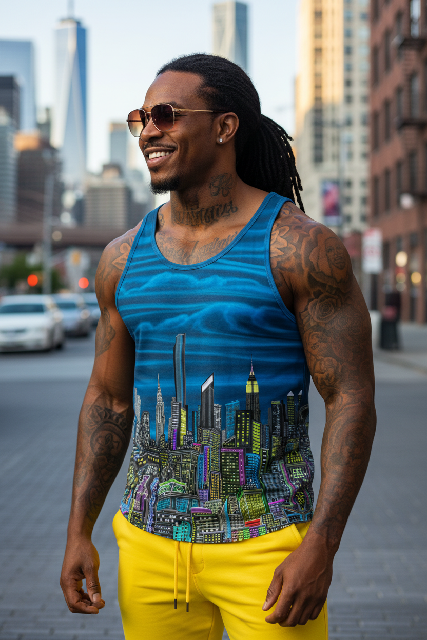 Man wearing a blue tank top with a cityscape Loria NYC Art design and yellow pants on a city street.
