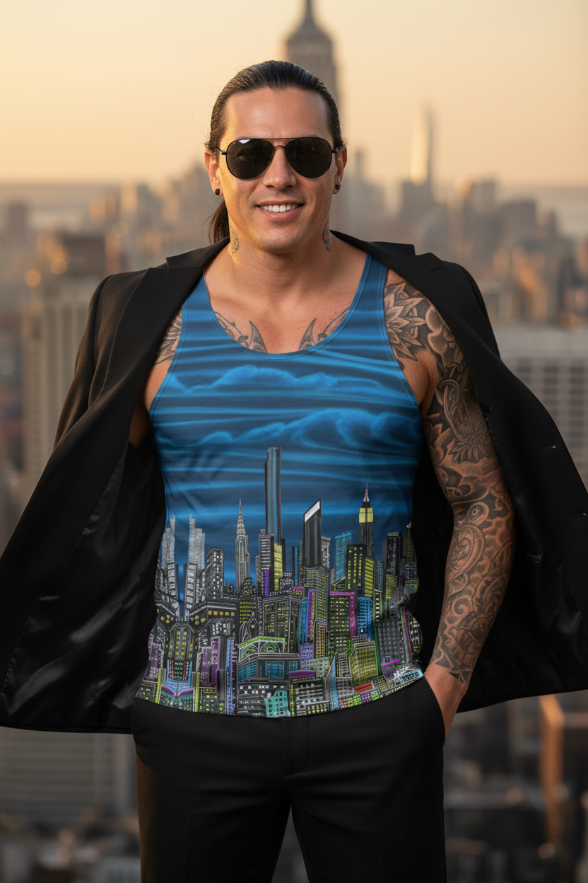 Man wearing a blue tank top with cityscape Loria NYC Art design, sunglasses, and black jacket in front of a city skyline.