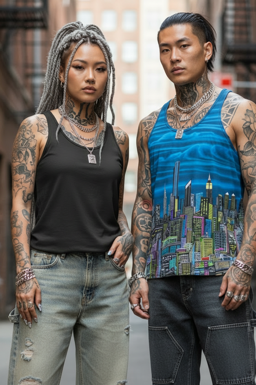 Man wearing a blue Loria NYC Art Top  with tattoos standing with a friend in an urban setting