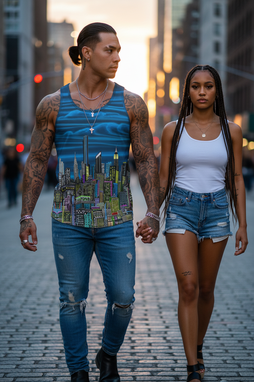 Man wearing Loria NYC Art tank top with woman holding hands on a city street at sunset