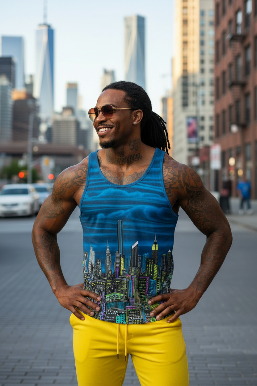 Man wearing a blue tank top with cityscape Loria NYC Art design and yellow pants standing on a city street.