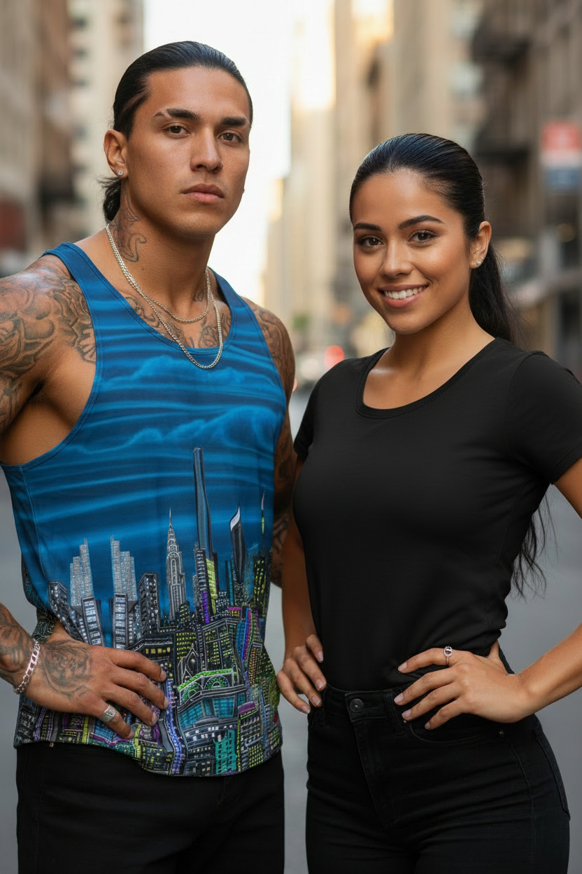 Man wearing a blue Loria NYC Art tank standing side by side on a city street.