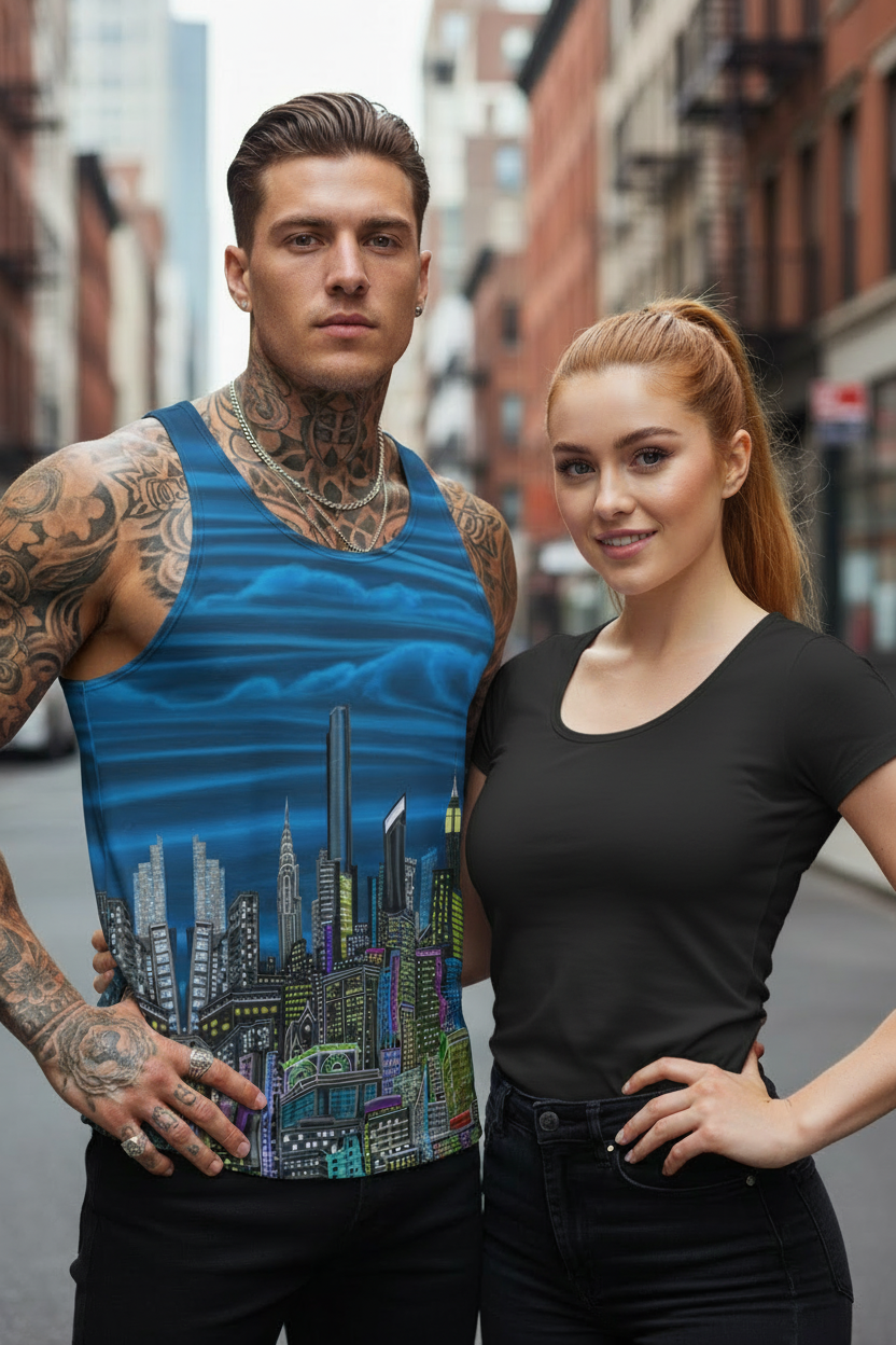 Man wearing a blue Loria NYC Art tank top with cityscape design and woman in black shirt standing on a city street.