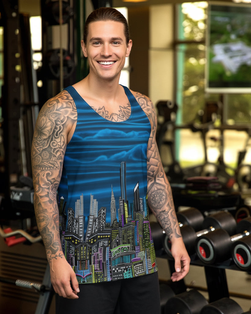 Man wearing a tank top with a cityscape design by Loria NYC Art in a gym setting
