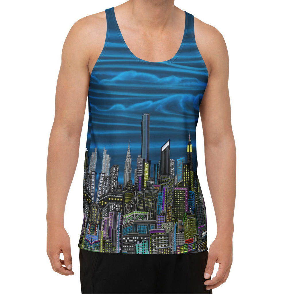 Man wearing a tank top with a Loria NYC Art cityscape design on a white background
