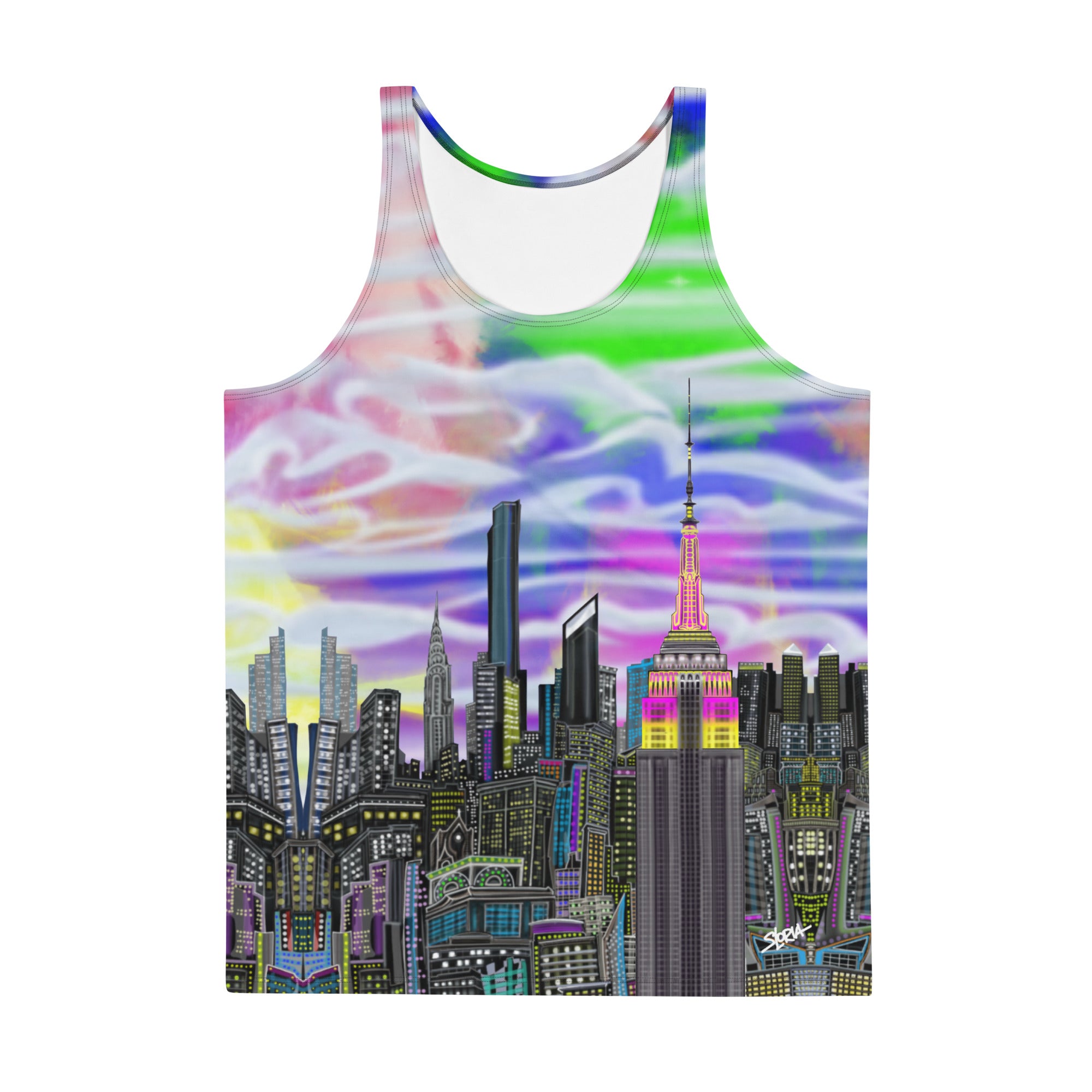 Tank top with a colorful Loria NYC Art cityscape design on a white background