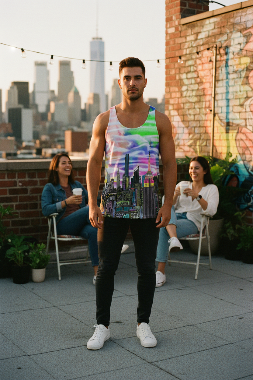 Man standing on a rooftop with cityscape in the background, wearing tank top with a colorful Loria NYC Art cityscape design 