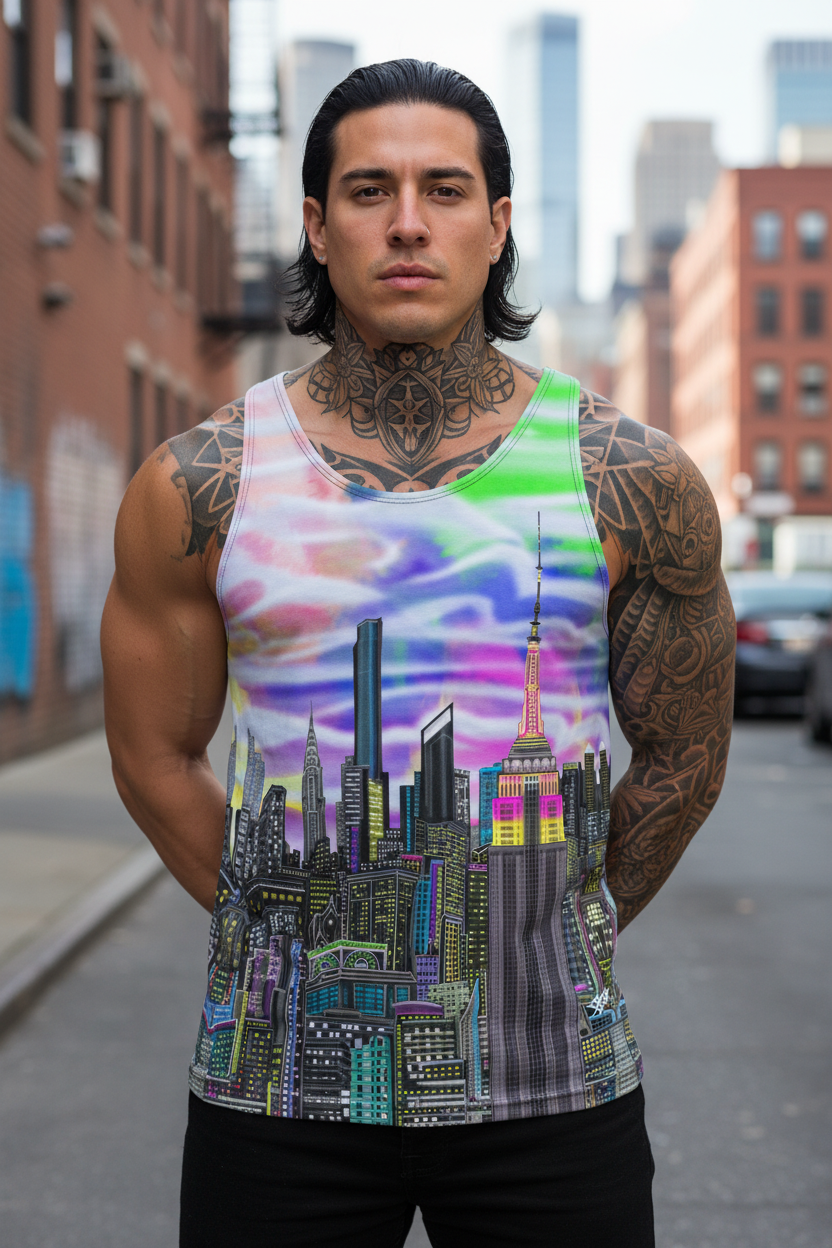 Man wearing a colorful tank top with a cityscape Loria NYC Art design on a street background