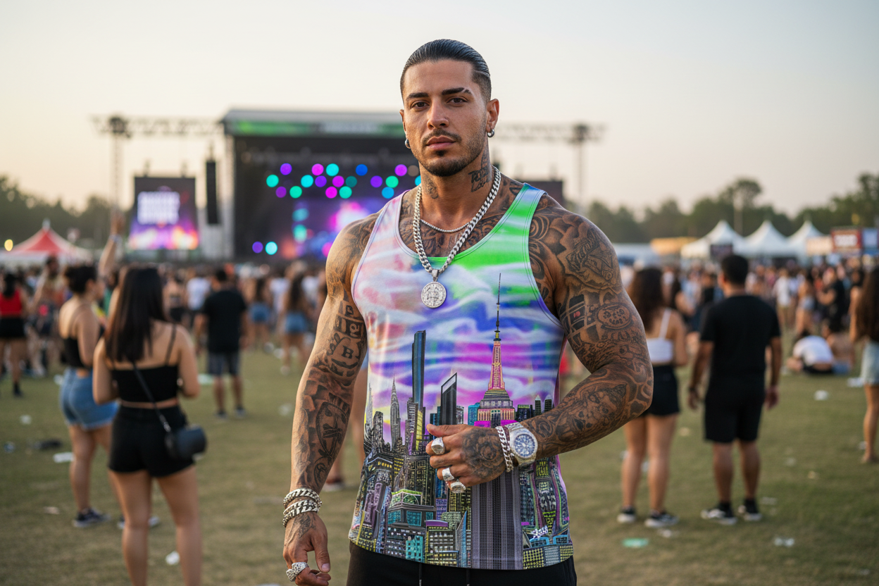 Man wearing a colorful sleeveless shirt with colorful Loria NYC Art cityscape design at a music festival.