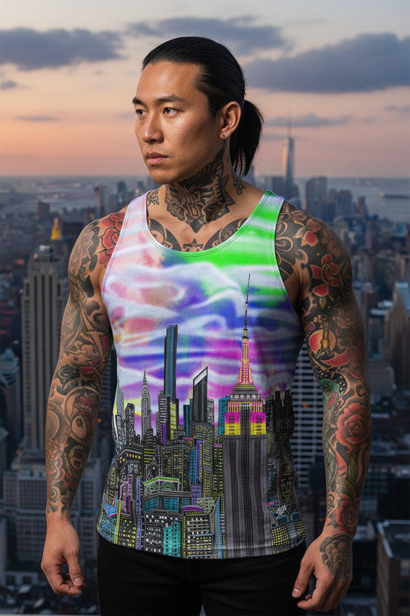 Person wearing a tank top with a colorful cityscape Loria NYC Art design, standing in front of a city skyline.