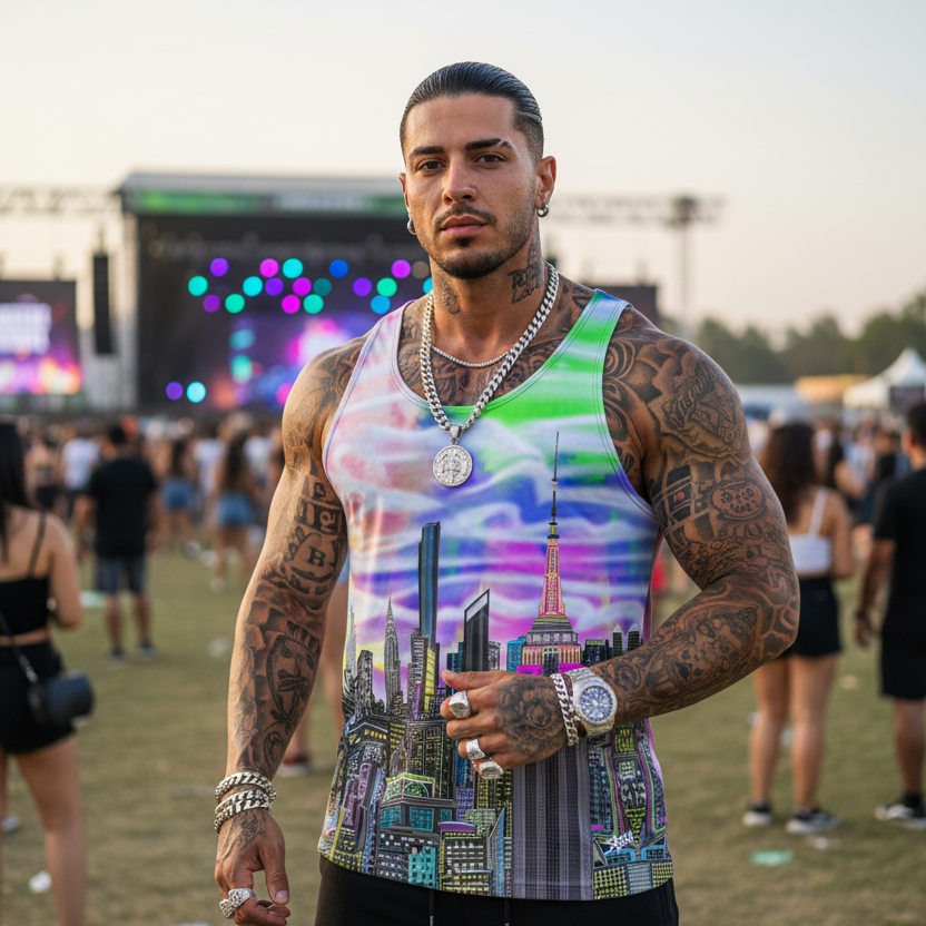 Man wearing a colorful tank top with cityscape Loria NYC Art design at a music festival.