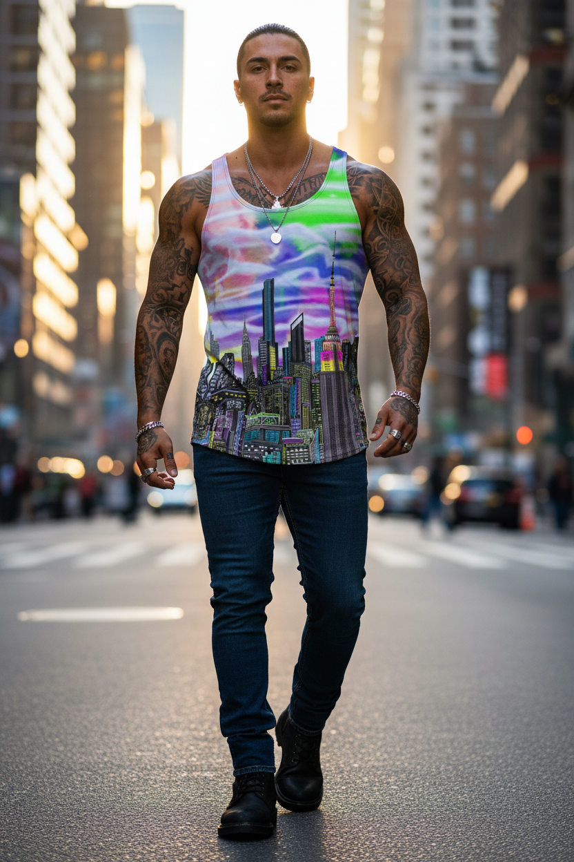 Man wearing a colorful Loria NYC Art tank top with a cityscape design on a city street.
