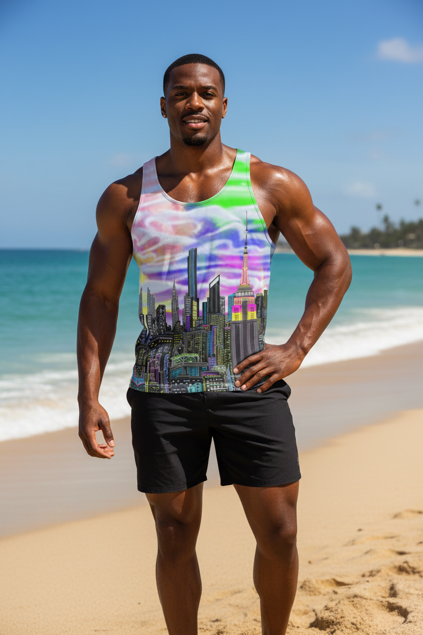Man wearing a colorful tank top with a Loria NYC Art cityscape design on a beach