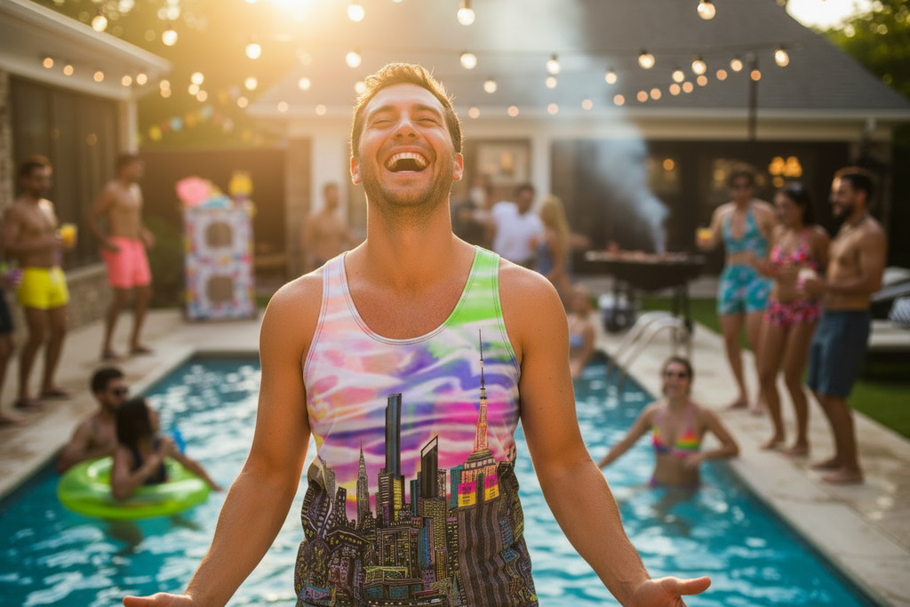 Man in colorful tank top designed by Loria NYC Art standing by a pool with friends around