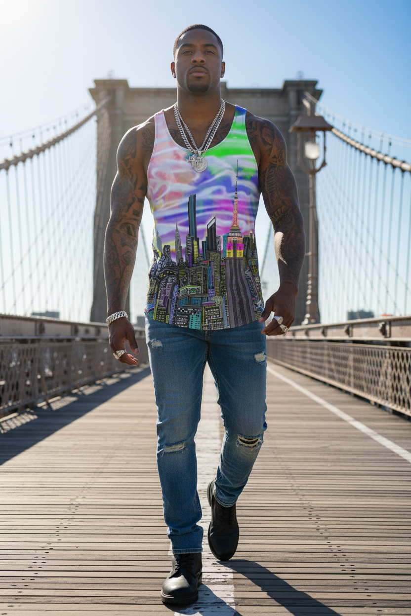 Man walking on a bridge wearing a colorful tank top with a cityscape  Loria NYC Art design and ripped jeans.