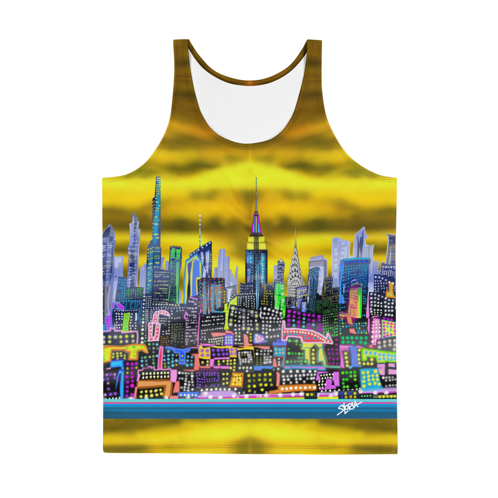Tank top with a colorful Loria NYC Art cityscape design on a white background
