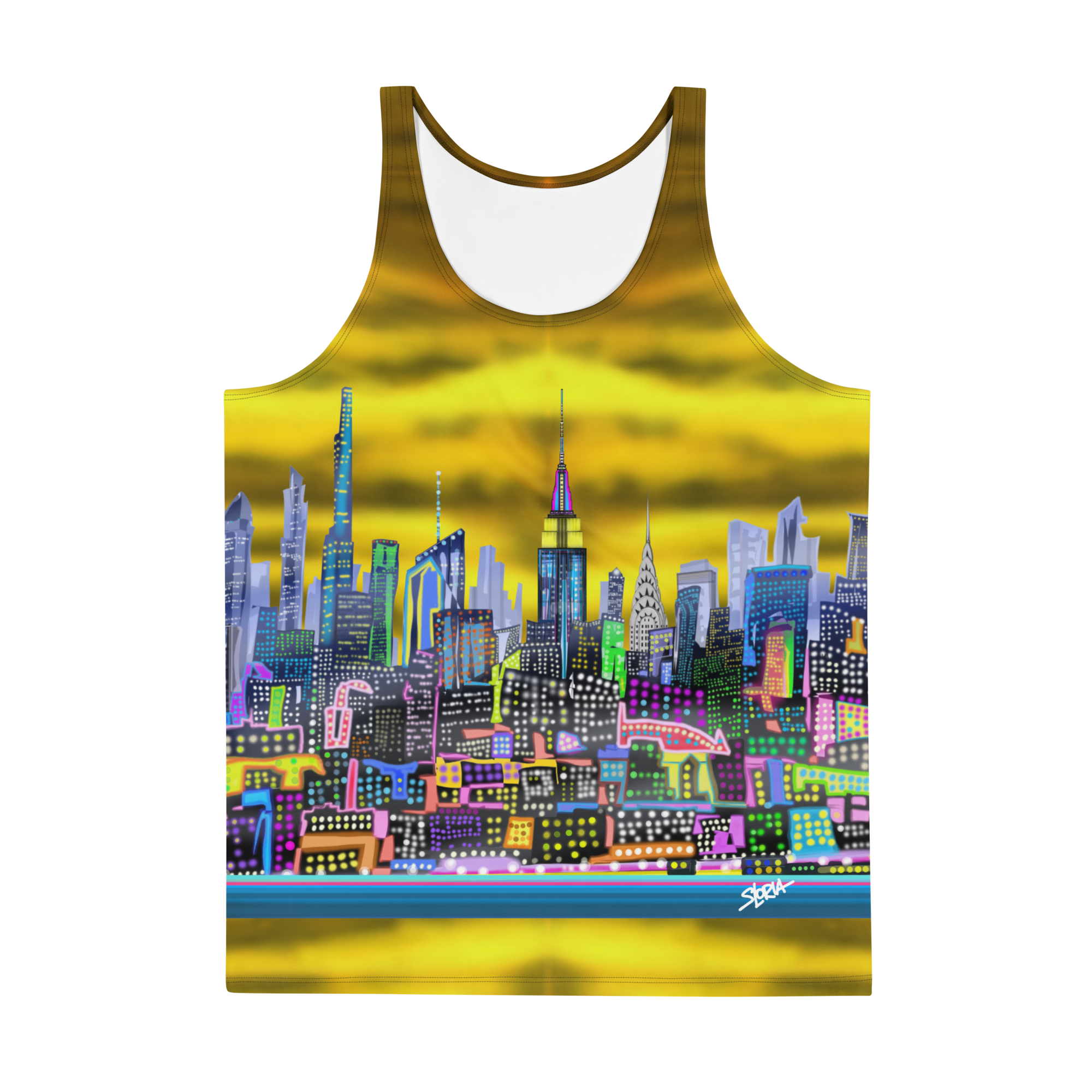 Tank top with a colorful Loria NYC Art cityscape design on a white background