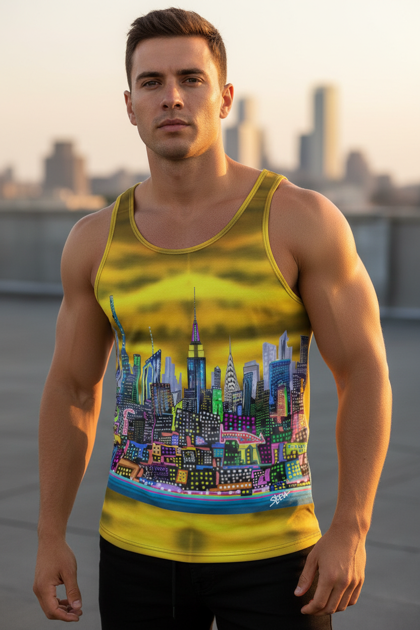 Man wearing a tank top with a colorful cityscape Loria NYC Art design against a city skyline.