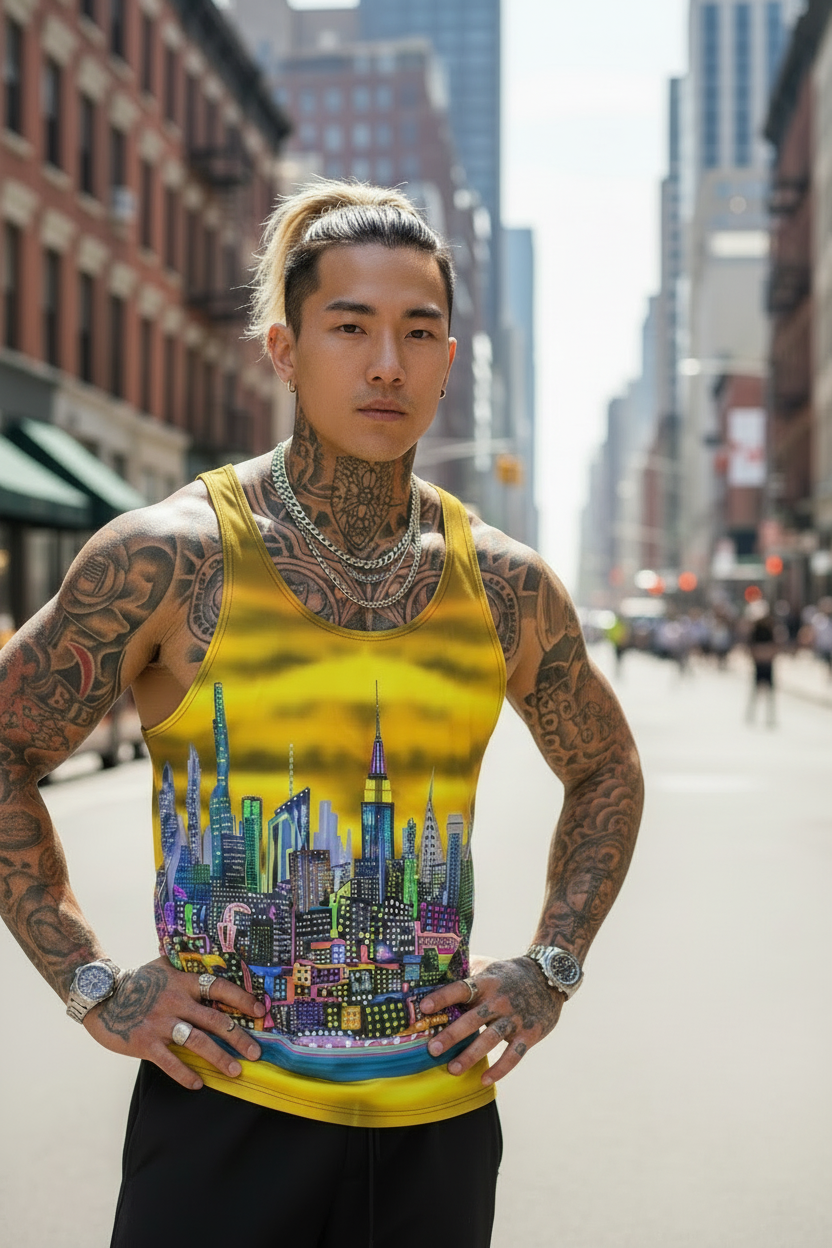 Two people standing on a city street with a colorful cityscape Loria NYC Art design on a yellow tank top.