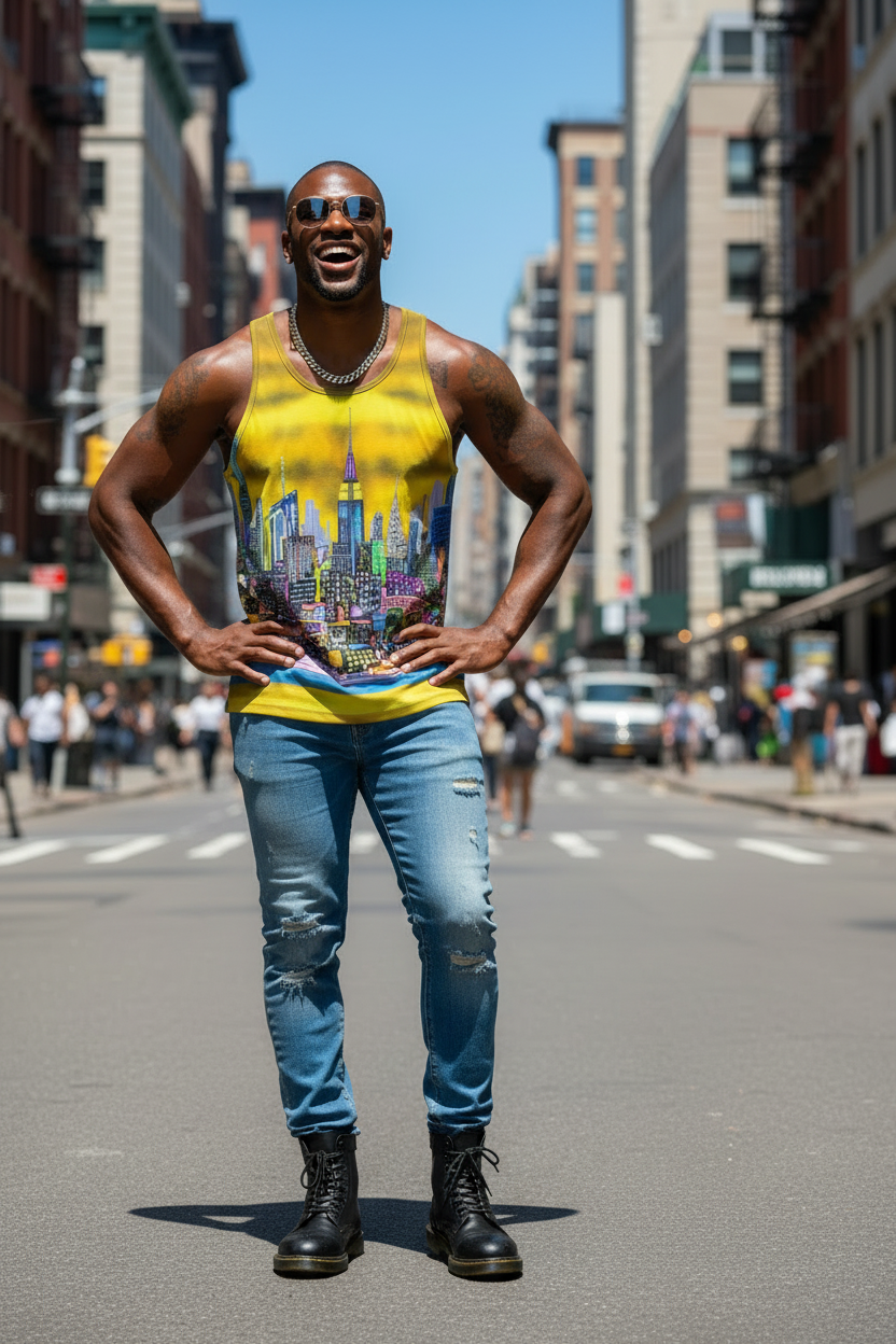 Man wearing a colorful Loria NYC Art tank top and jeans standing on a city street.