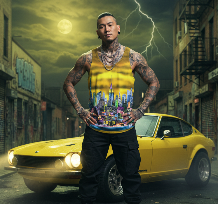 Man wearing a Loria NYC Art tank top with tattoos standing in front of a yellow car on a graffiti-covered street.