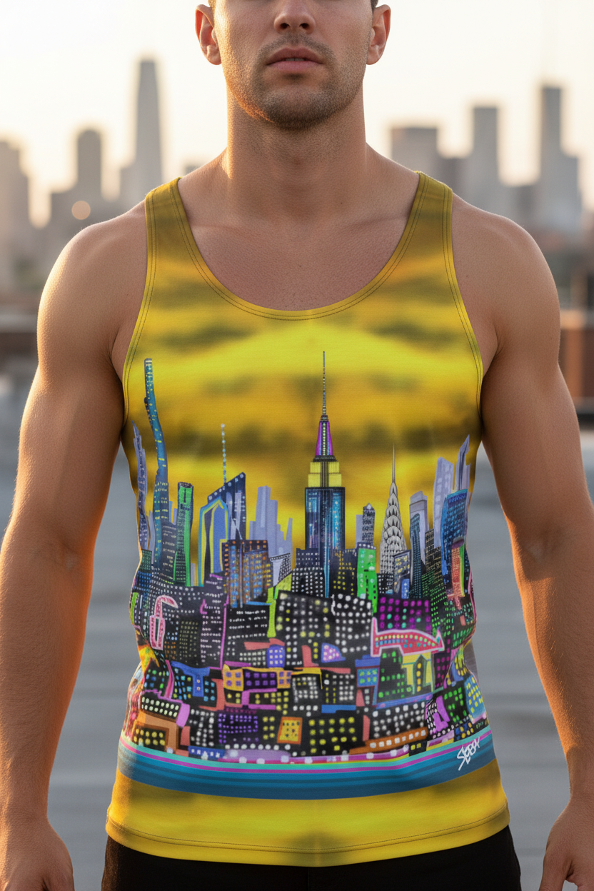Man wearing a tank top with a colorful cityscape Loria NYC Art design against a blurred city skyline.