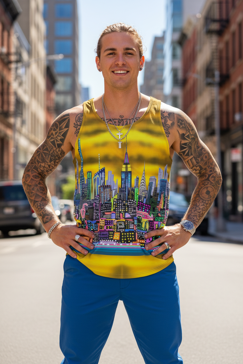 Person wearing a Loria NYC Art tank top with a cityscape design on a city street