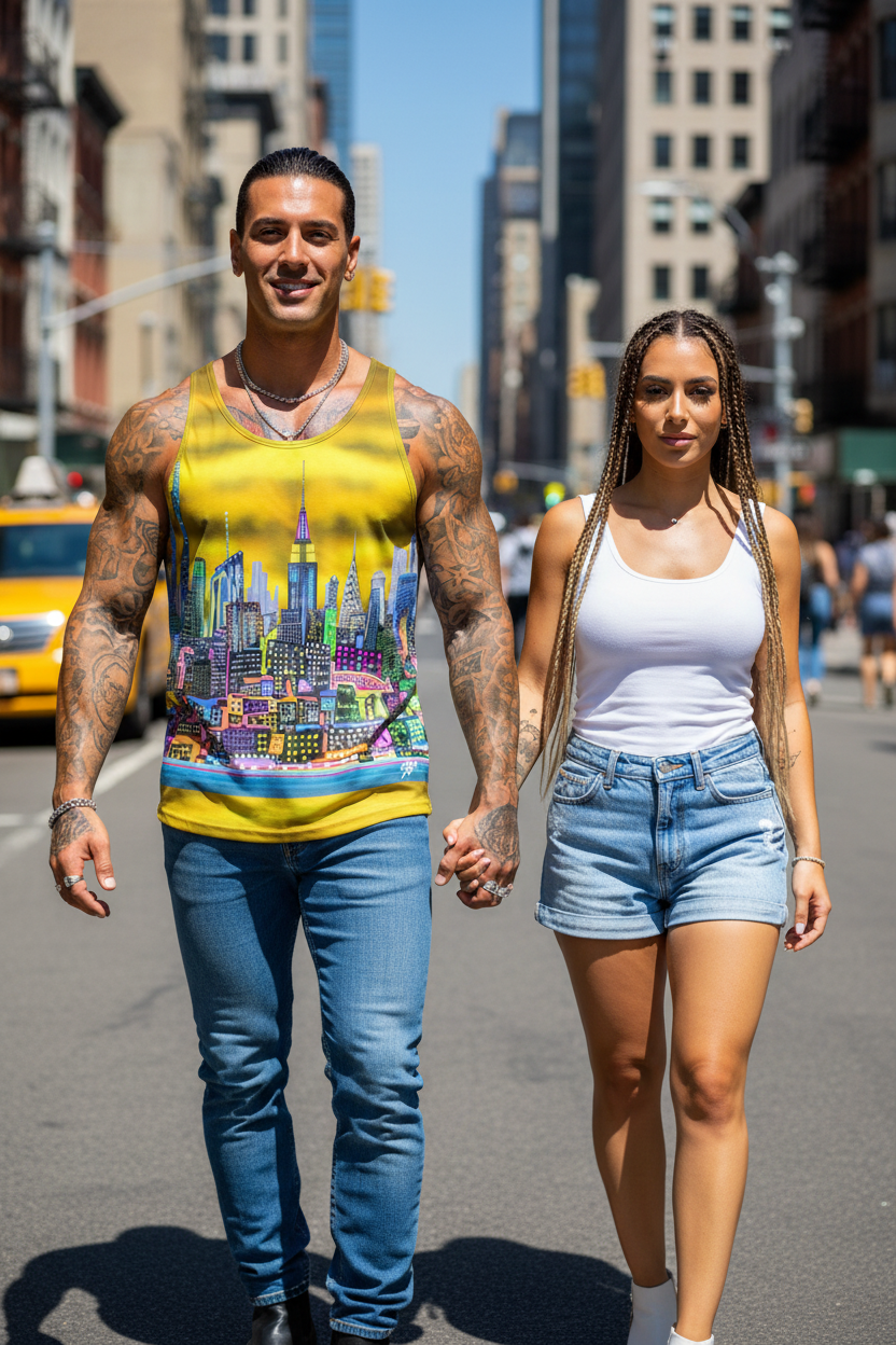 Man wearing colorful Loria NYC Art tank top walking hand in hand on a city street with tall buildings in the background.
