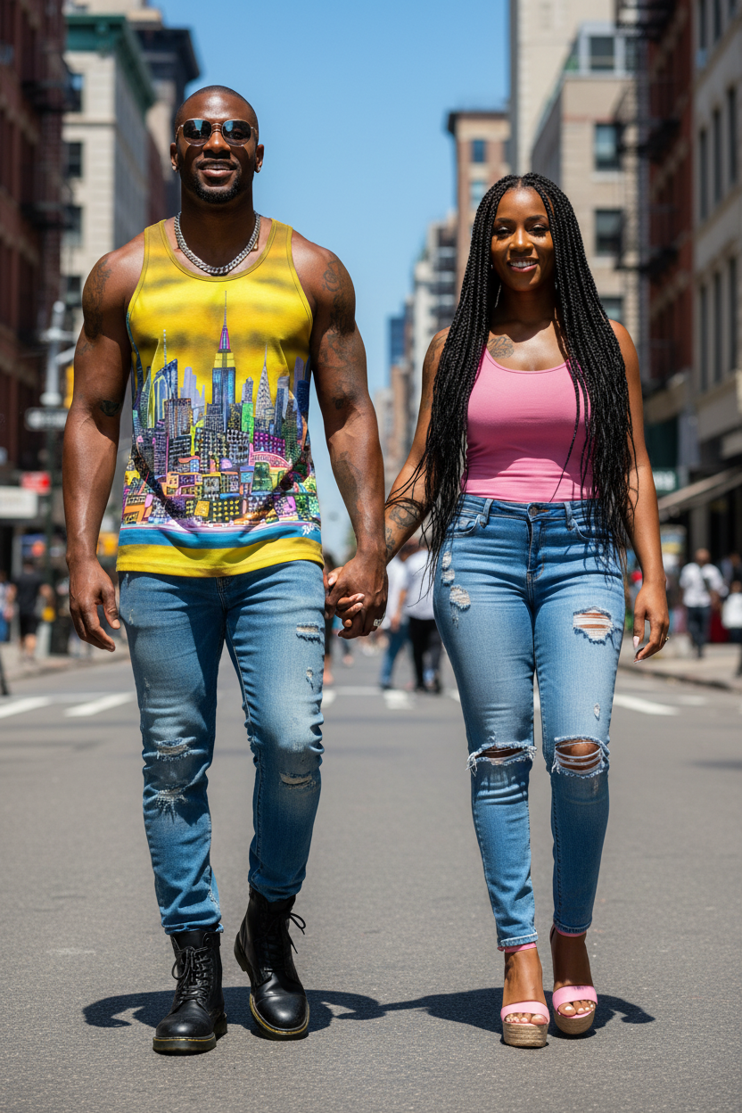Man wearing Loria NYC Art tank top with woman holding hands on a city street