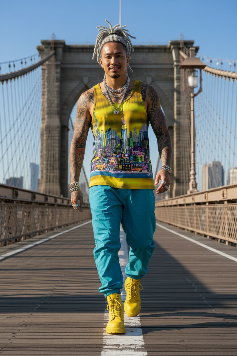 Person wearing a colorful Loria NYC Art sleeveless shirt and bright yellow shoes on a bridge with a cityscape in the background