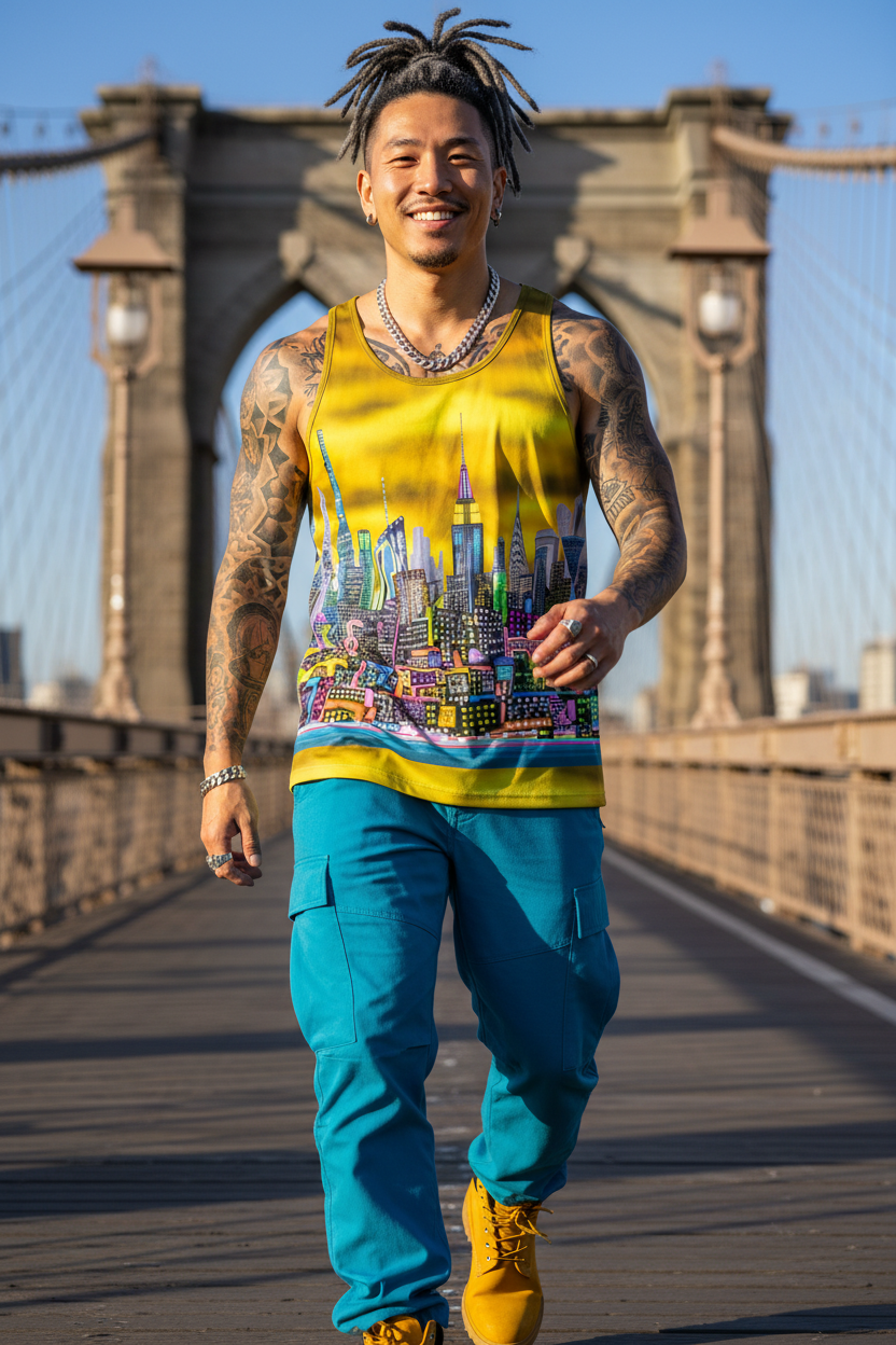 Person wearing a Loria NYC Art colorful tank top and blue pants standing on a bridge with a cityscape design.