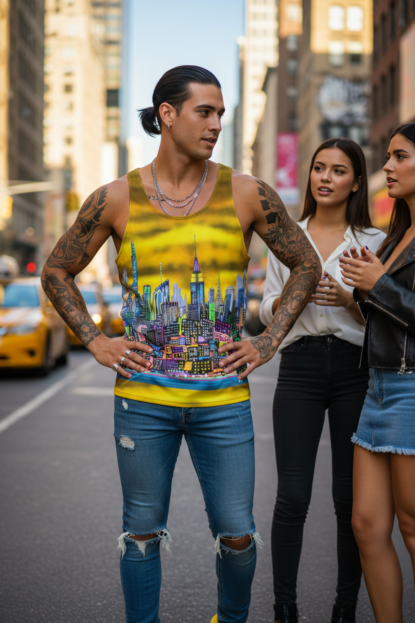 Man wearing a Loria NYC Art tank top with a colorful cityscape design on a city street.
