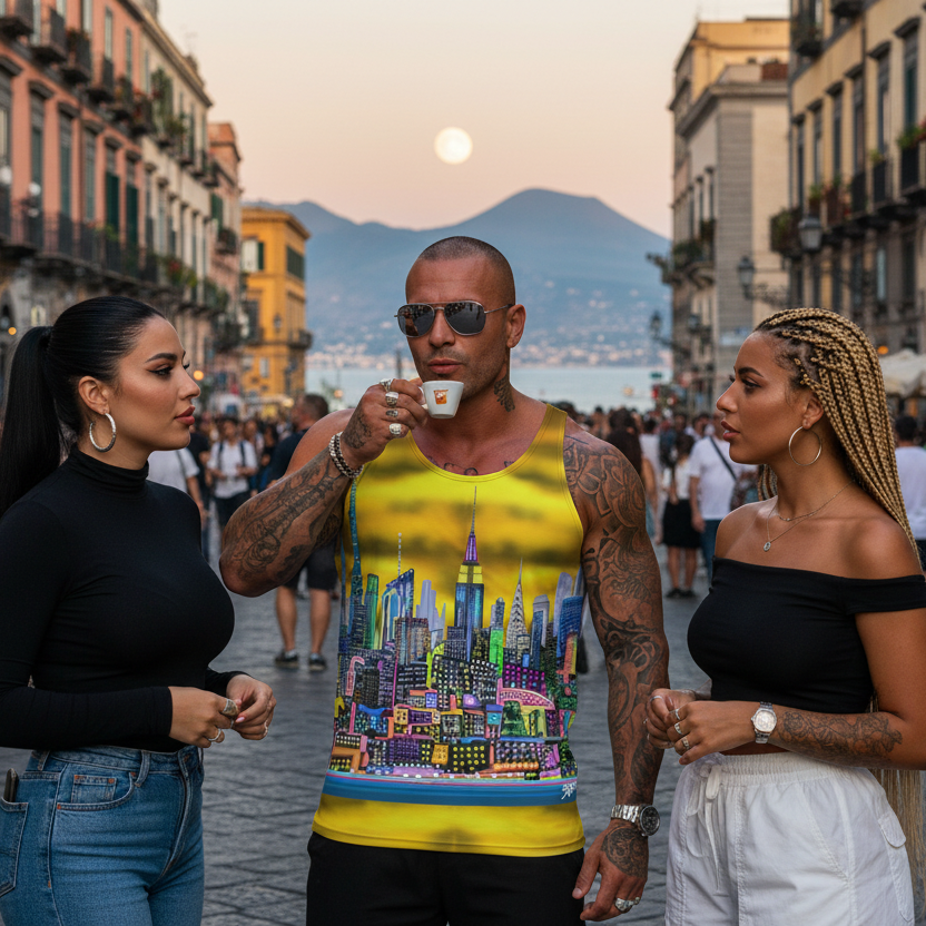 Man wearing a colorful Loria NYC Art tank top with  people standing on a street with buildings and mountains in the background