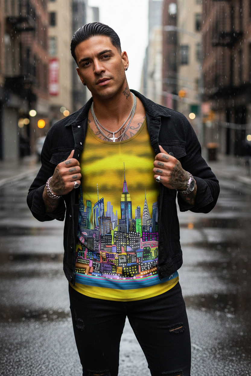 Man wearing a colorful Loria NYC Art cityscape t-shirt on a city street.