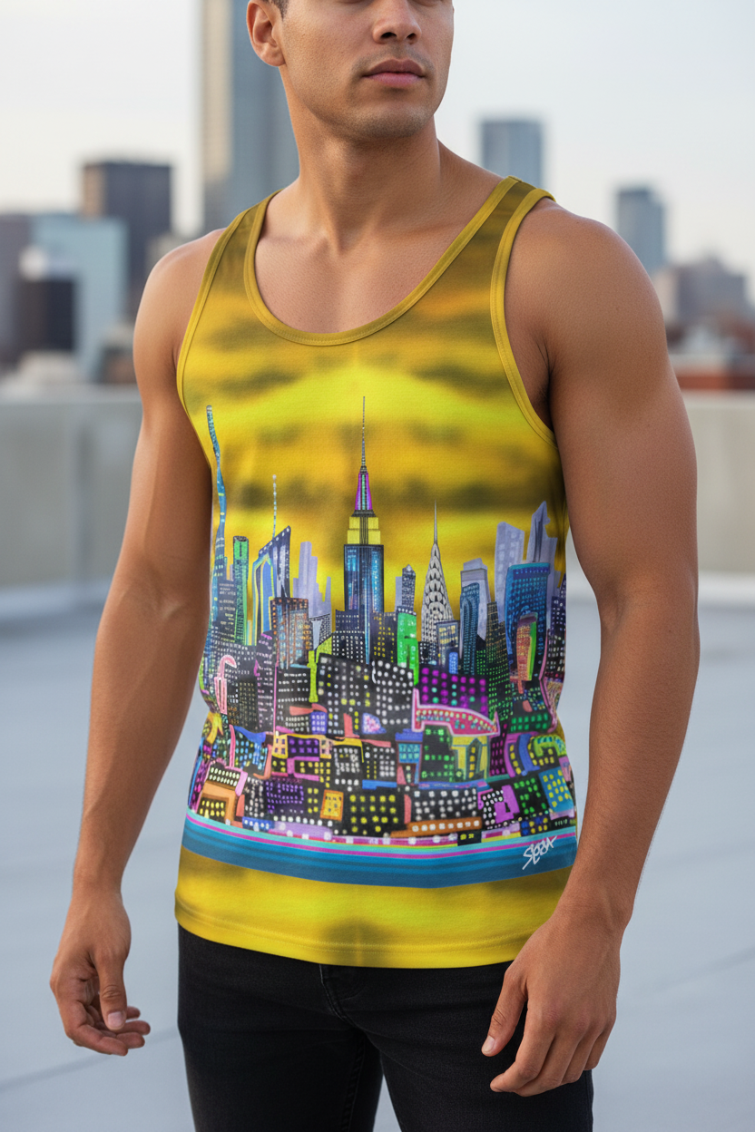 Man wearing a tank top with a colorful Loria NYC Art cityscape design on a rooftop with city skyline in the background