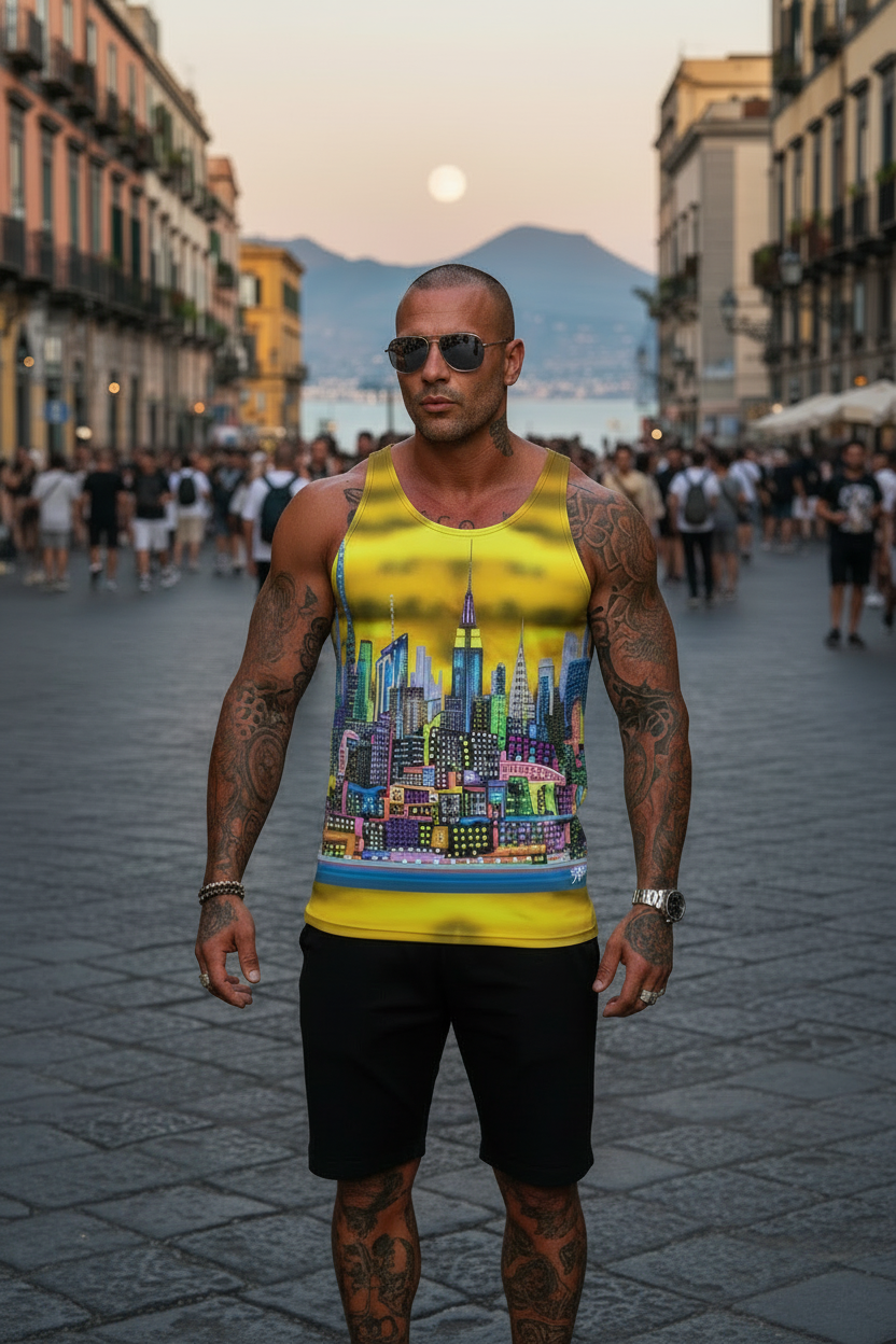 Man wearing a colorful Loria NYC Art tank top with a cityscape design, standing on a street in an urban setting.