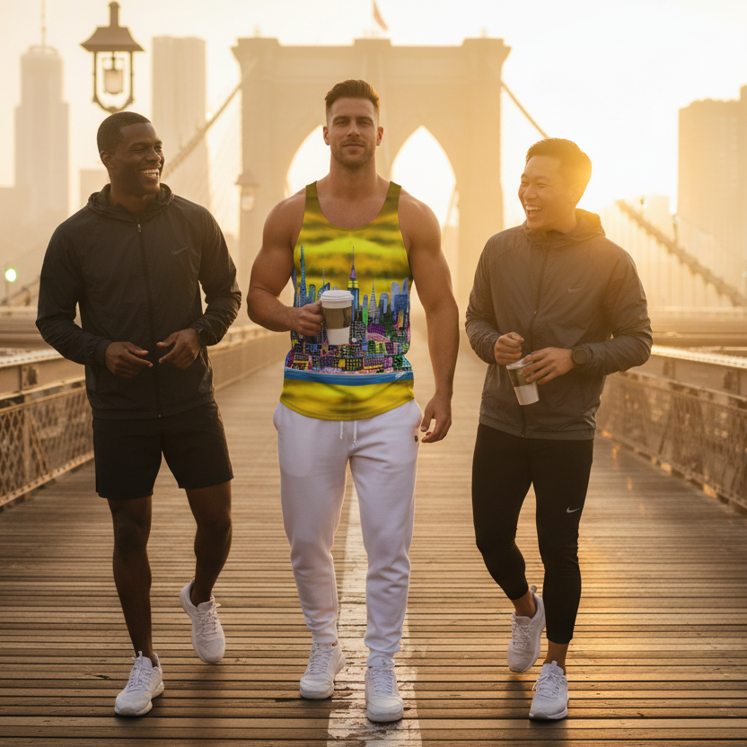 Man wearing a vivid Loria NYC Art  tank walking on a bridge with a city skyline in the background