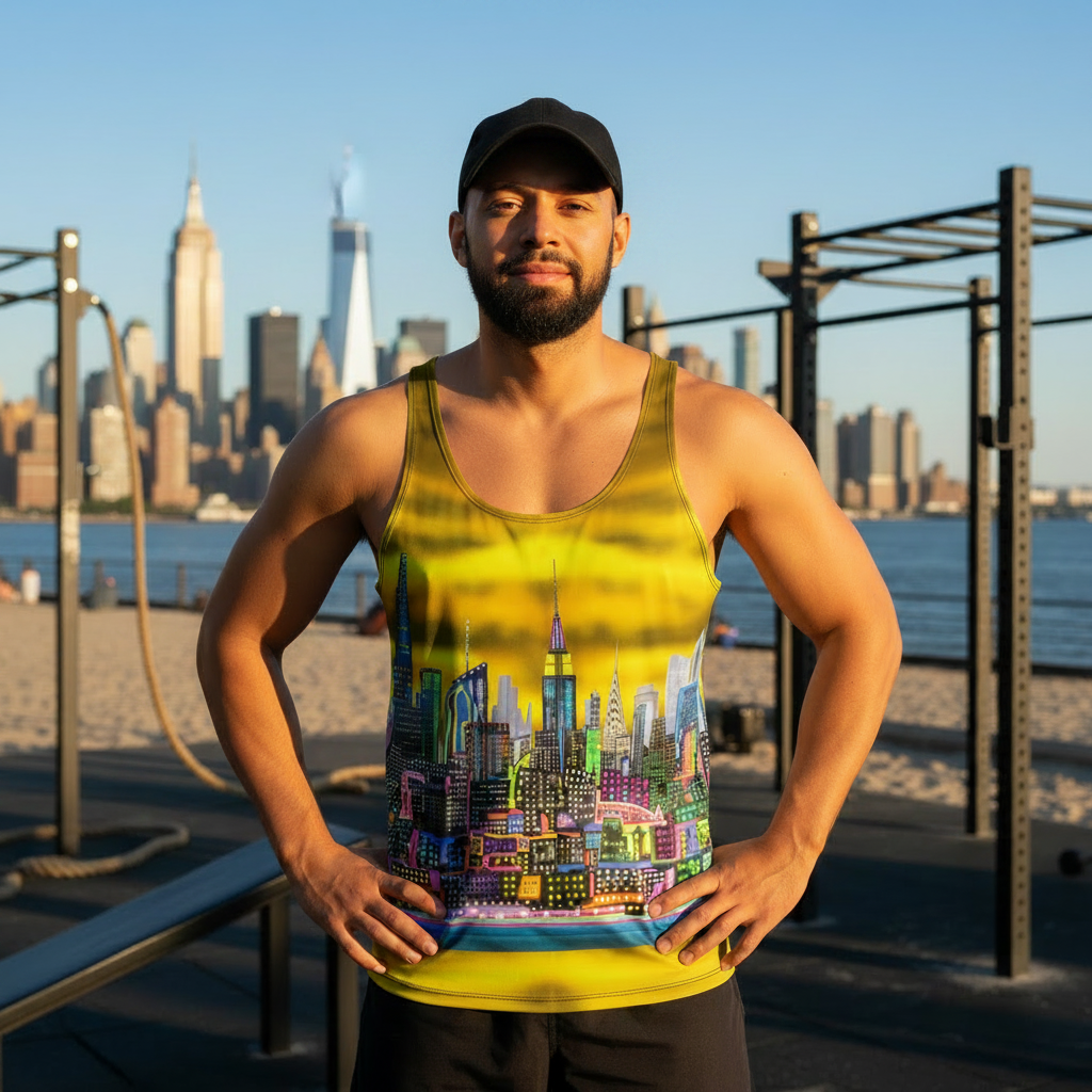 Man wearing a tank top with a Loria NYC Art colorful cityscape design on a beach  background