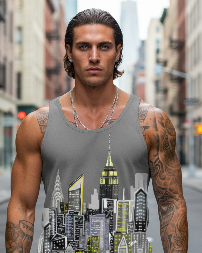 Man wearing a tank top with a Loria NYC Art cityscape design on a city street