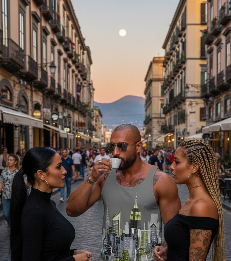 Man wearing a skyline Loria NYC Art  tank top  on a street in an urban setting with buildings and mountains in the background.