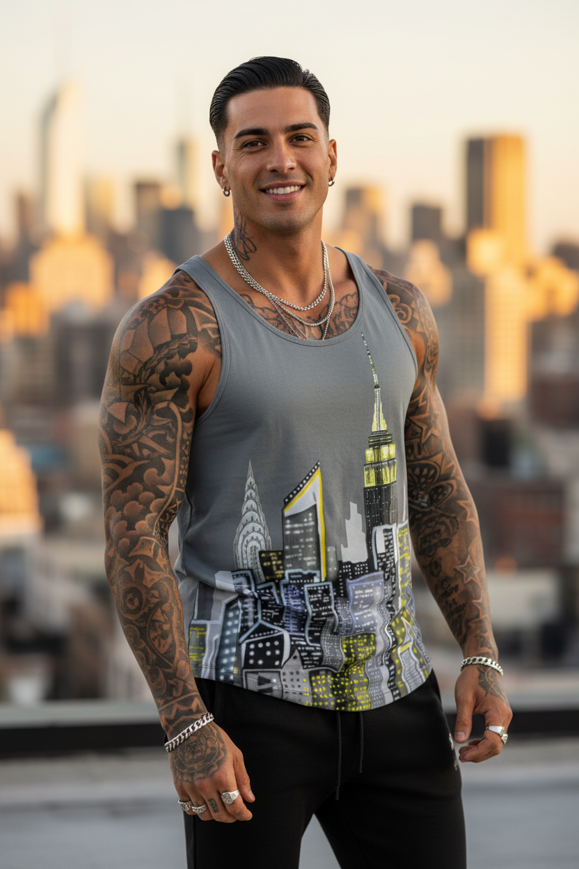 Person wearing a grey Loria NYC Art tank top  background city setting